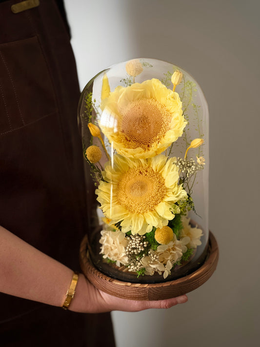 Five Petals Florist Forever Flower: Preserved Sunflower in a Glass Cloche, showcasing a timeless golden bloom encased in elegant glass for lasting beauty.